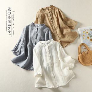 Real Shot Cotton Linen Shirt Fashion Embroidery Summer Practice Loose All-match Single-breasted Western Style Solid Color Top