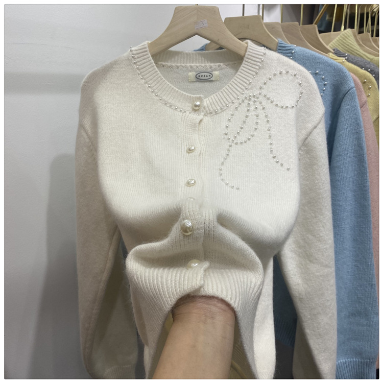 Women's Clothing Chic Embellished Bow Knit Cardigan For Women - Autumn Casual Long Sleeve Open Front Sweater (Blue, Yellow, Gray, Beige, Pink)​_voghion.com