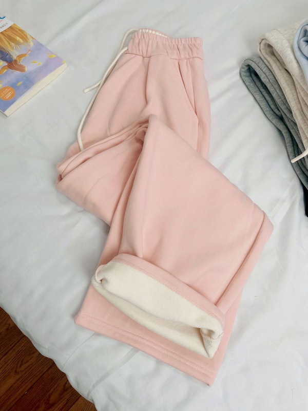 韩版加绒加厚直筒阔腿裤女马卡龙色休闲宽松运动裤百搭棉质长裤子|undefined