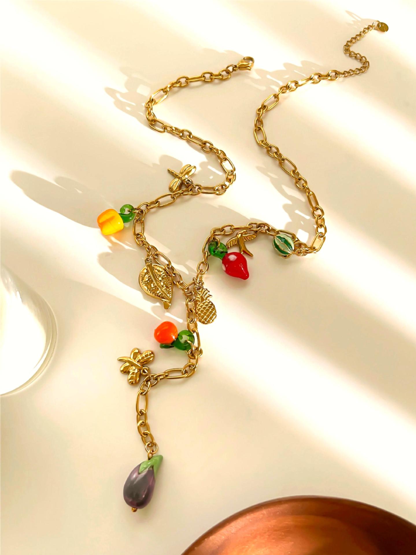 figaro chain Chain Type 1 Piece Quantity PVD Coated Real Gold Plated Fruit 304 Stainless Steel Glass Simple Style Classic Style Waterproof Non Tarnish Surgical Steel Plating Lobster Trigger Clasp Closure Multi Charms Necklace