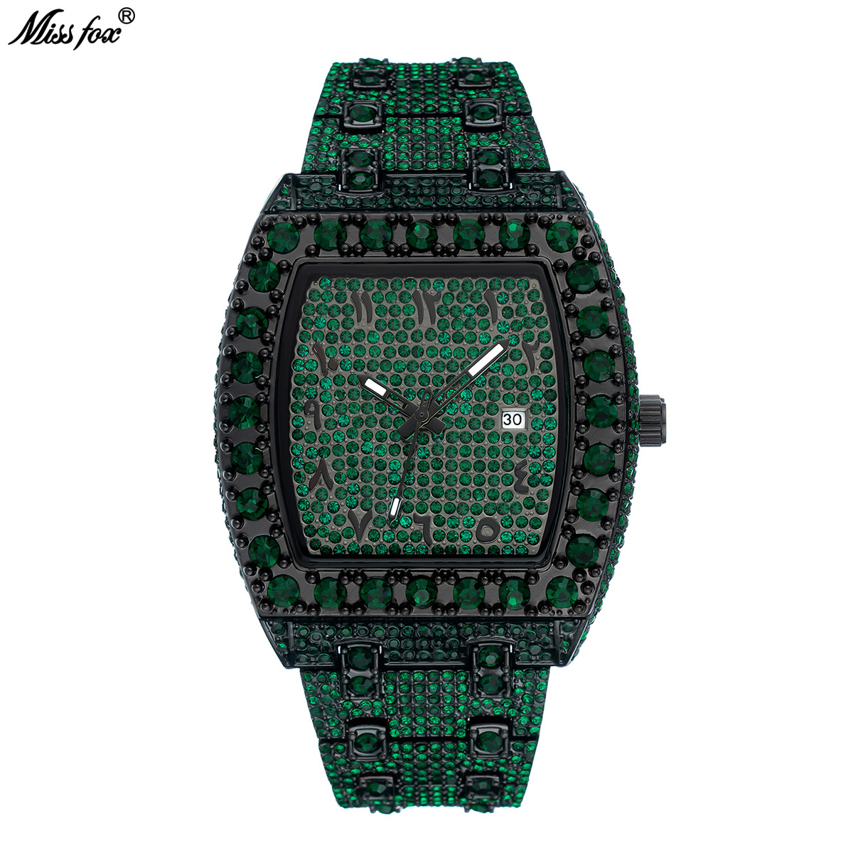 MISSFOX European And American Fashion Punk Hip Hop Full Men's Green Diamond Waterproof Calendar Quartz Watch Trendy_voghion.com