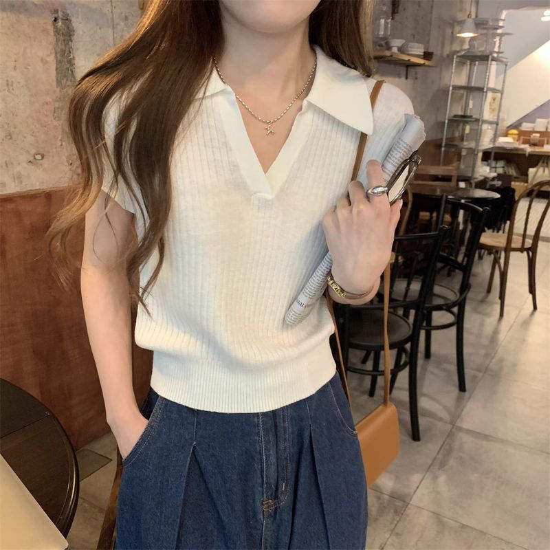 坑条灰色翻领针织短袖t恤女大码夏季新款高级感气质百搭短款ins风|undefined