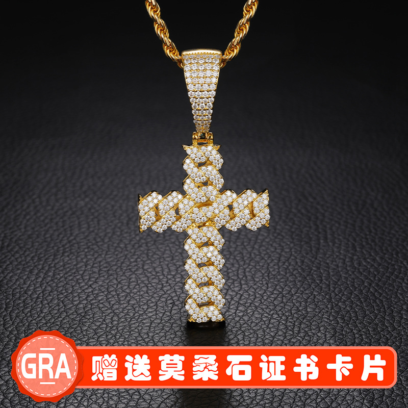 European and American cross-border S925 silver inlaid moissanite necklace Cuban chain cross pendant trendy hip hop accessories in stock