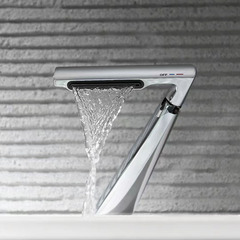 Full Copper Creative Minimalist Gun Grey Waterfall Style Bathroom Sink Faucet Single Hole Cold and Hot Water Faucet