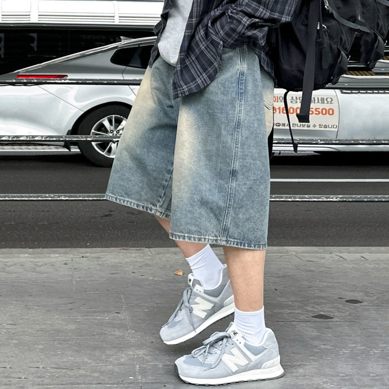 MYQ Retro Style Denim Shorts Men's Summer Wide Leg Casual Capri Pants Korean Style Commuter Style All-match Pants