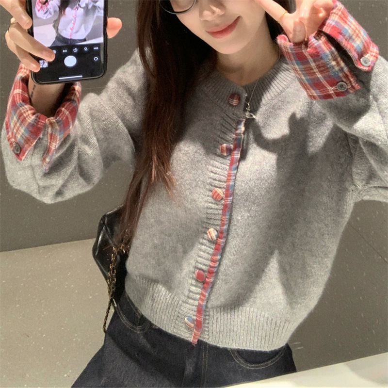 拼接格子假两件毛衣开衫女2025秋冬新款圆领韩系百搭针织上衣女潮|undefined