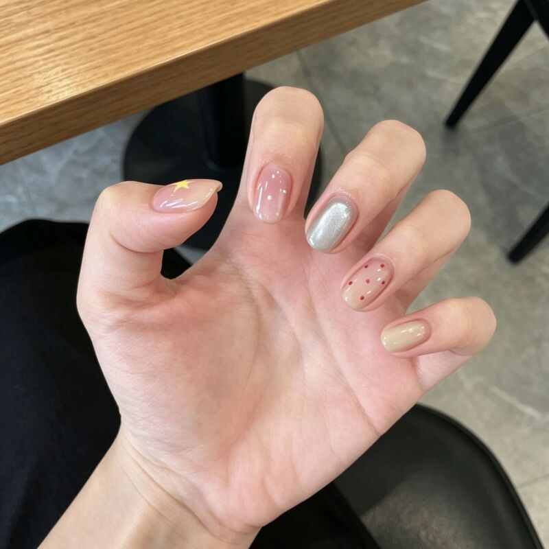 Handmade short-length nail patches with stars and polka dots, dopamine cute ins-style gentle nail art, fake nails