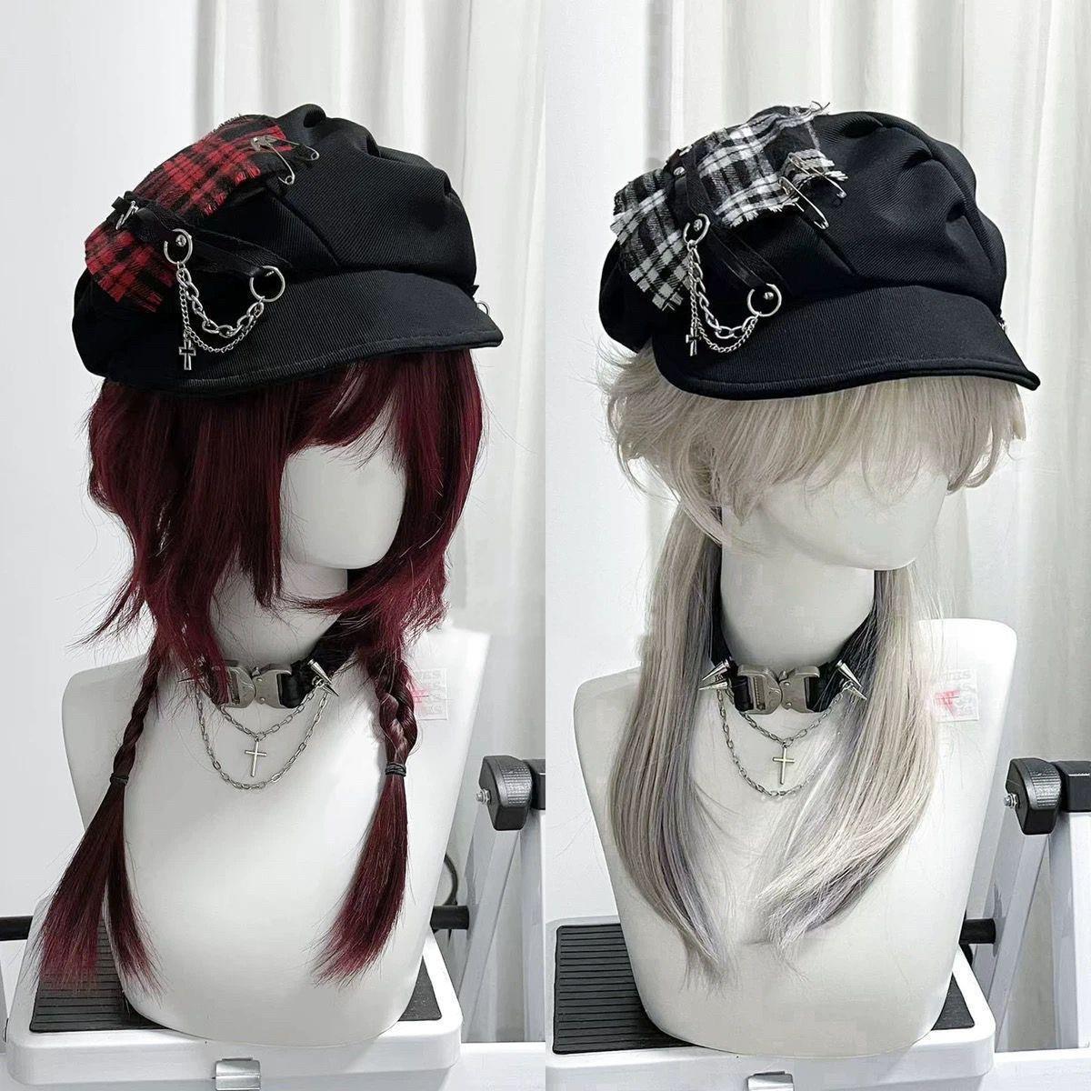 Black checkered beret, dancing accessory, 2 carat, punk style