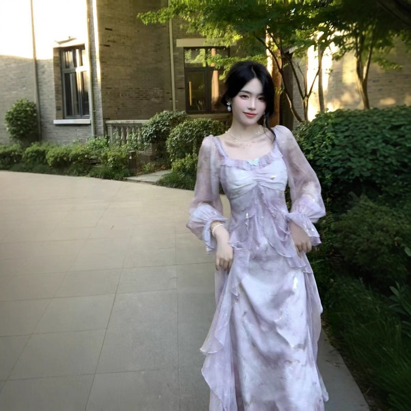 度假风泰国海边旅游气质灰蓝色晕染仙气蝴蝶荷叶边长袖连衣裙|undefined
