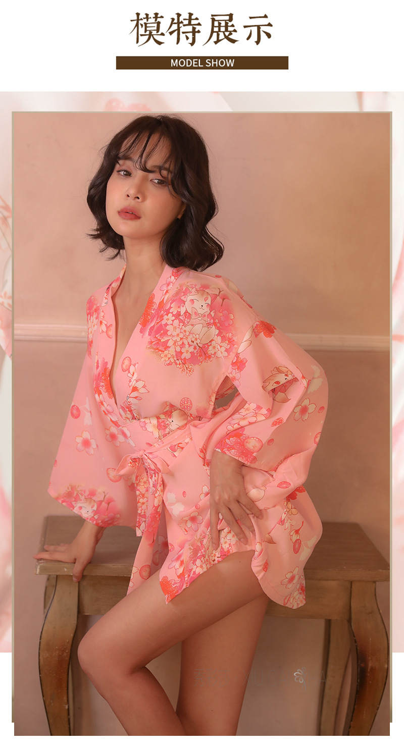Sakura Cat Japanese Kimono Chiffon Nightgown Robe Set with Belt and Thong — detail image 9