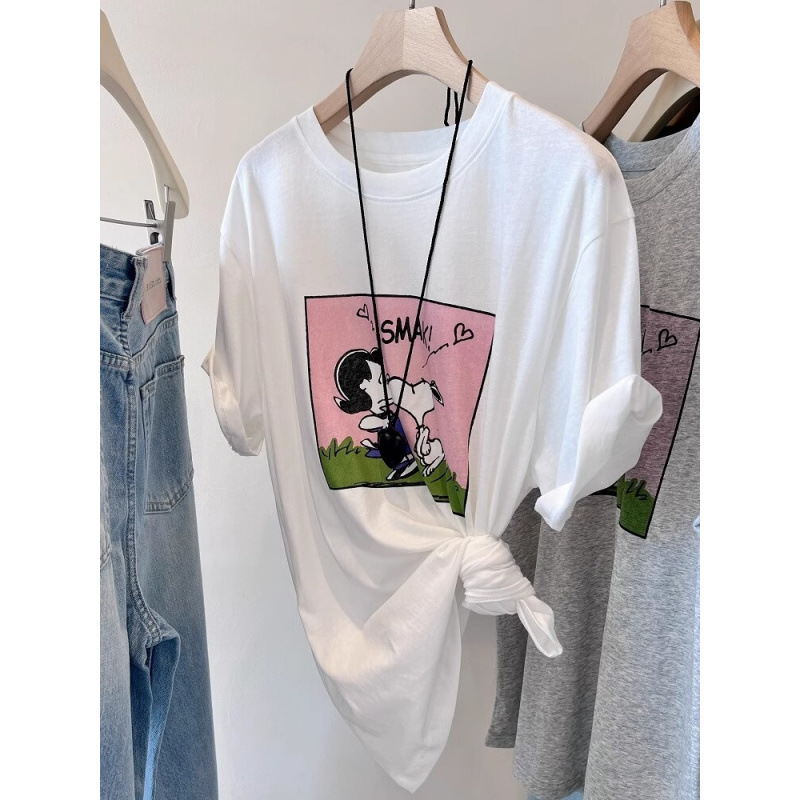 【大码300斤纯棉女装后包领】美式圆领宽松百搭休闲字母印花短袖T