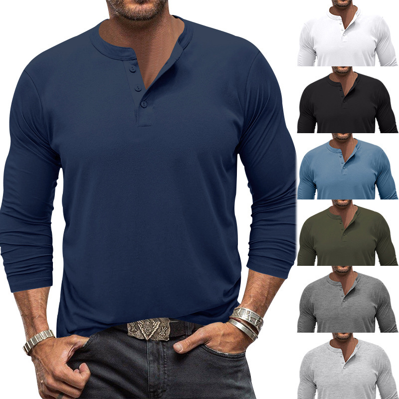 Cross-Border Independent Station American Autum Men's Outdoor Leisure Light Luxury Simple Commuter Henley Shirt Long-Sleeved Bottoming Shirt for Men