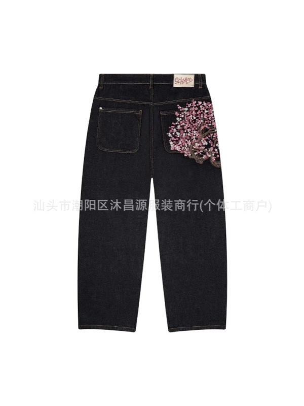 跨境外贸美式复古刺绣个性街头潮流阔腿休闲百搭牛仔裤嘻哈长裤|undefined