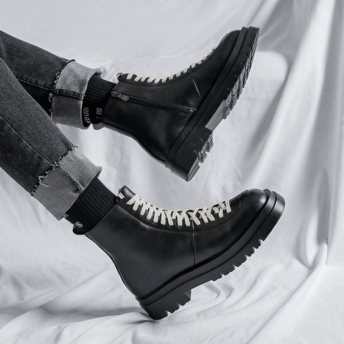 Men's new extra large size Martin boots 45 46 leather boots black white lace men's boots trendy shoes