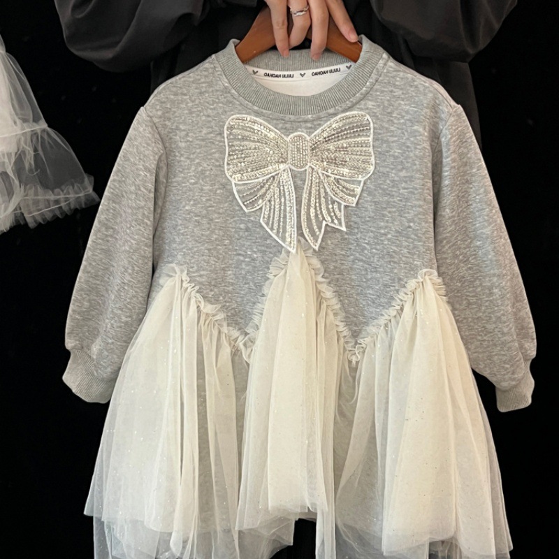 Vestido de niñas 2025 primavera extranjera bebé arco regalete vestido de malla para niños camiseta