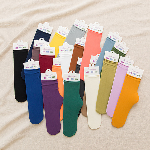 Nylon Velvet Socks for Women, Mid-Calf Thin Style Spring and Summer Pile Socks Korean Pure Color Candy Ladies Ice Socks 