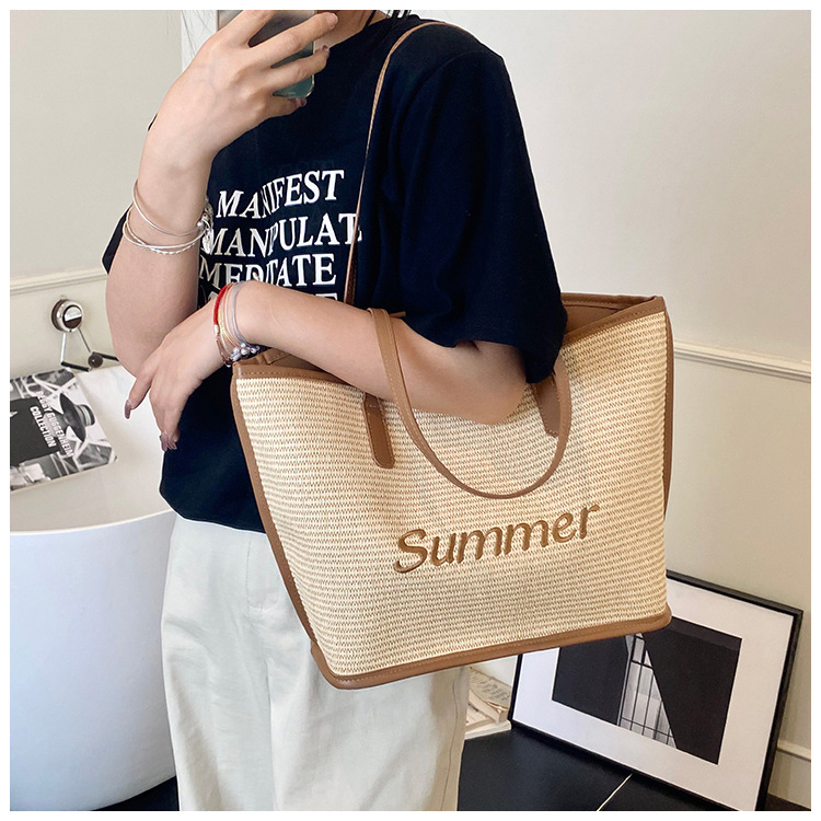 Straw woven letter large-capacity bag 2025 single-shoulder large bag for women, new beach woven summer Korean-style tote bag undefined