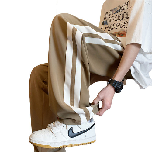 Striped Ice Silk Men's Summer Thin Hong Kong Style Straight Leg Casual Pants Oversize Loose Fit Wide Leg Long Pants