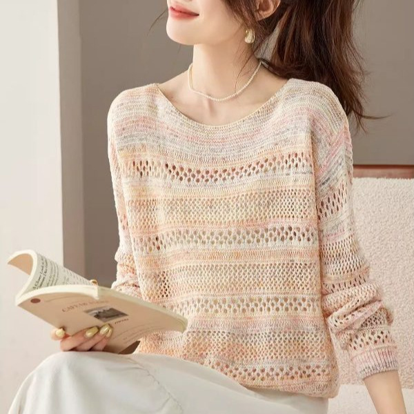 Early autumn off-shoulder long-sleeve women's t-shirt, 2026 new spring stylish hollow-out knitted cardigan, beautiful layered top Early autumn off-shoulder long-sleeve women's t-shirt, 2026 new spring stylish hollow-out knitted cardigan, beautiful layered top