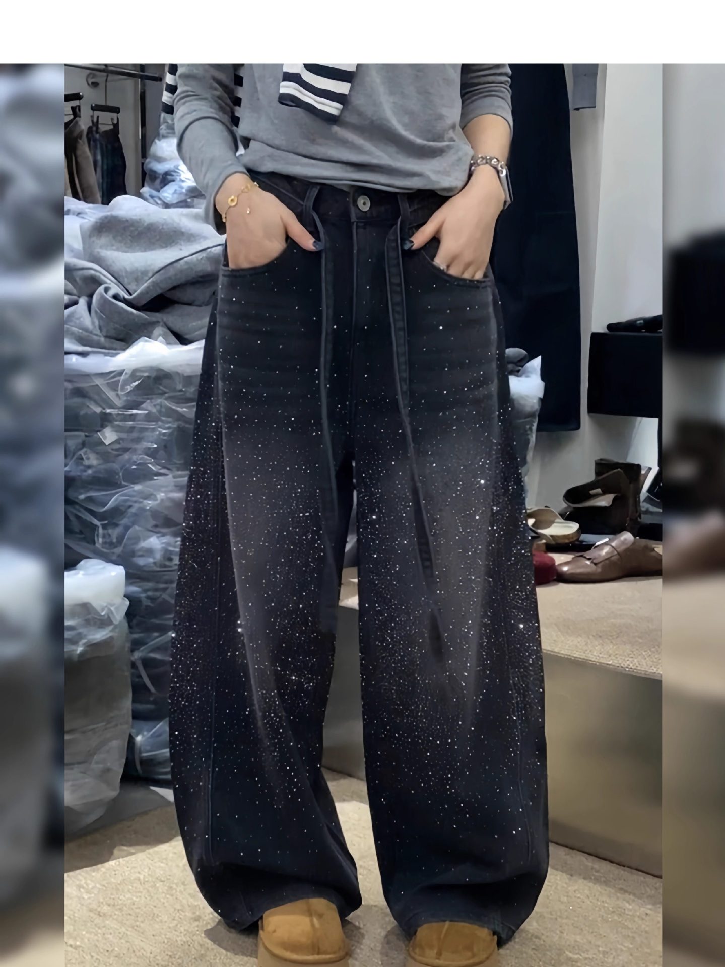 Y2K Rhinestone Embellished Jeans – Vintage High-Waisted Flare Pants For Women (S-3XL, Regular/Fleece Lined)​_ecoleips.com