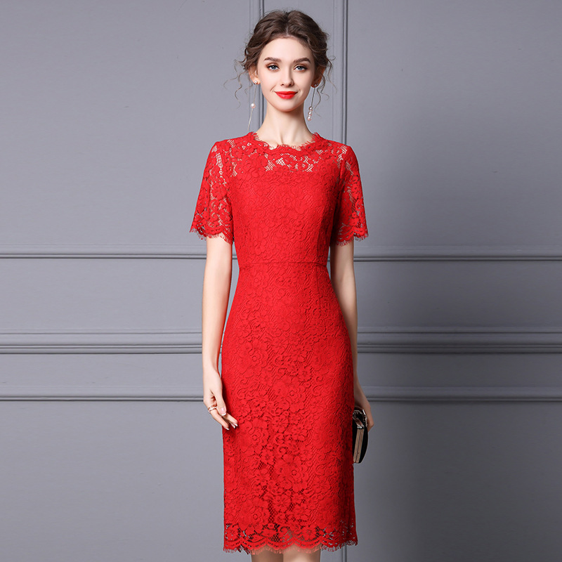 Zhili Red Dress Spring and Summer New Style 2026 Evening Party Gentle Style Short-Sleeved Lace Mid-Length Dress