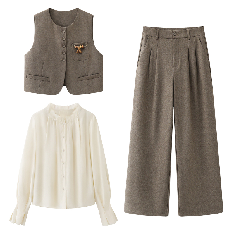 Women's Commuter Suit Vest Set for Foreign Trade, 2026 Spring New Style, Coffee-Colored Wide-Leg Pants, Sophisticated Outfit Complete Set