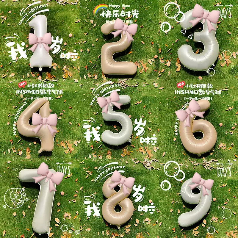 生日数字气球蝴蝶结装饰拍照道具奶油ins女孩儿童宝宝周岁仪式感