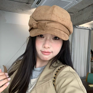 新款麂皮绒报童帽2026秋冬韩系气质女复古云朵八角帽松弛感贝雷帽
