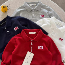 柠里儿童长袖Polo衫秋男童日系爱心T恤宝宝小童纯色打底衫童上衣