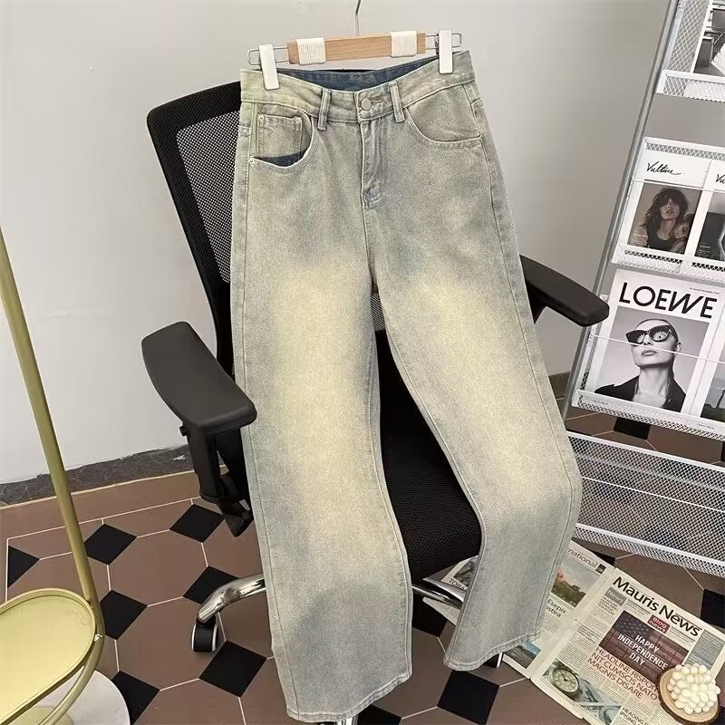 Men's Jeans Spring and Autumn Vibe American Style Trendy Brand Cool Casual Straight-Leg Pants Washed Vintage Wide-Leg Pants for Men