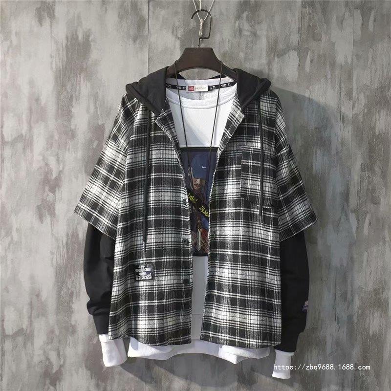 Gehua Spring and Autumn Men's Plaid Shirt Hooded Long-sleeved Korean Fashionable Stitching Fake Two-piece Shirt for Young Male Students Gehua Spring and Autumn Men's Plaid Shirt Hooded Long-sleeved Korean Fashionable Stitching Fake Two-piece Shirt for Young Male Students