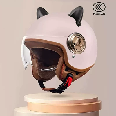 Motosiklet kaskı (dəbilqə) – All Seasons, Winter Motorcycle Retro Helmet - 801-new-national-standard-class-a-3c-certification-soft-mist-powder-short-lenses-black-rabbit-ears-free-size