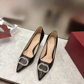 气质水钻尖头单鞋2025春季新款浅口后绊带细跟高跟鞋女鞋