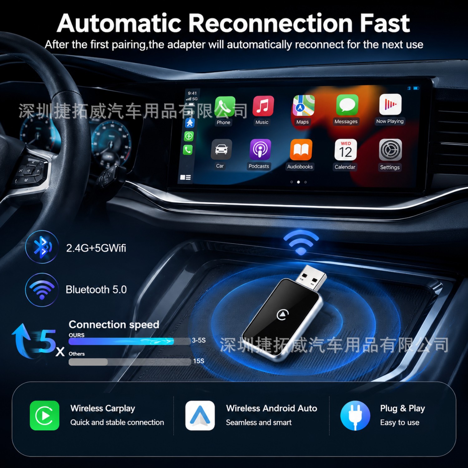 2-in-1 Wireless CarPlay Box: Converts Original Wired CarPlay to Wireless Android Auto Car System Interconnection Adapter