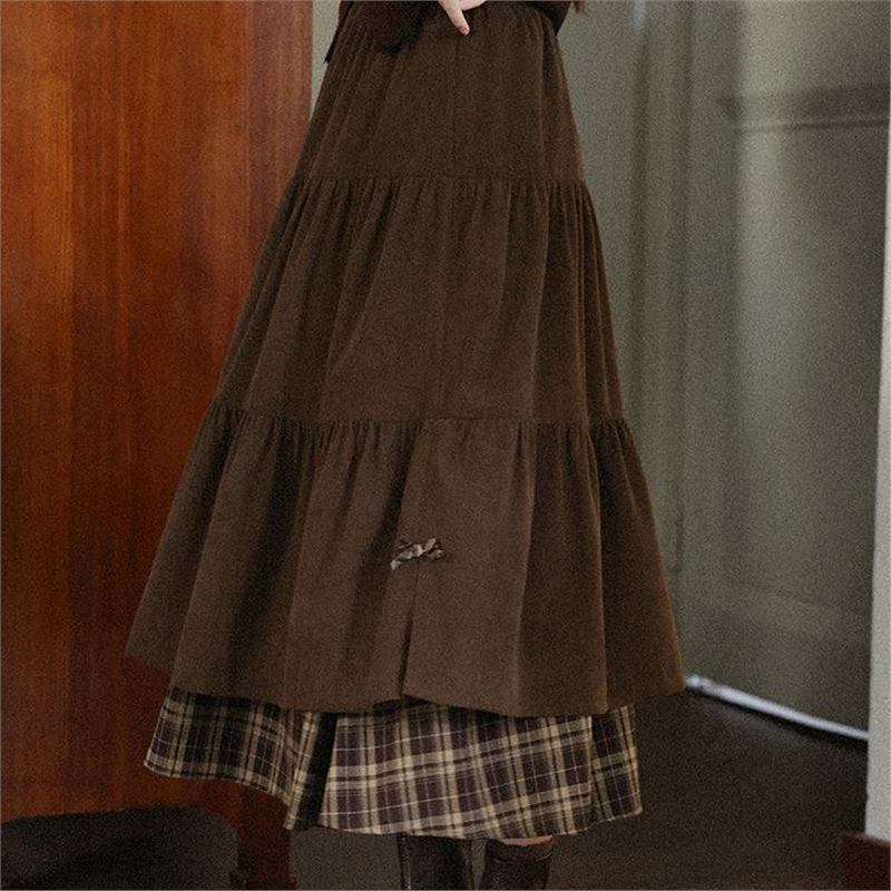 灯芯绒拼接格纹长款半裙2025秋冬加厚日系高腰显瘦蝴蝶结A字长裙