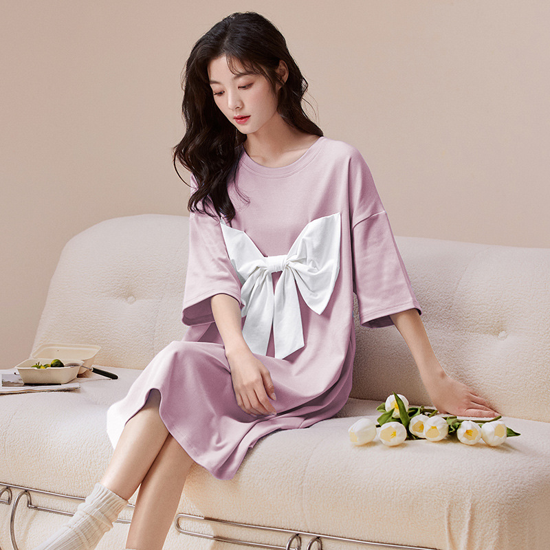 Camisón de algodón verano manga corta delgada 2023 nuevo estudiante lindo arco suelta Chanel estilo Pijamas