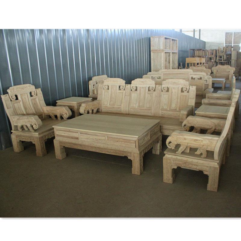 Combination of Old Chinese-Style Quality Sofa with White Mortise and Tenon, Antique Carved Elm Wood, White Embryo, Northern Classical Home Log