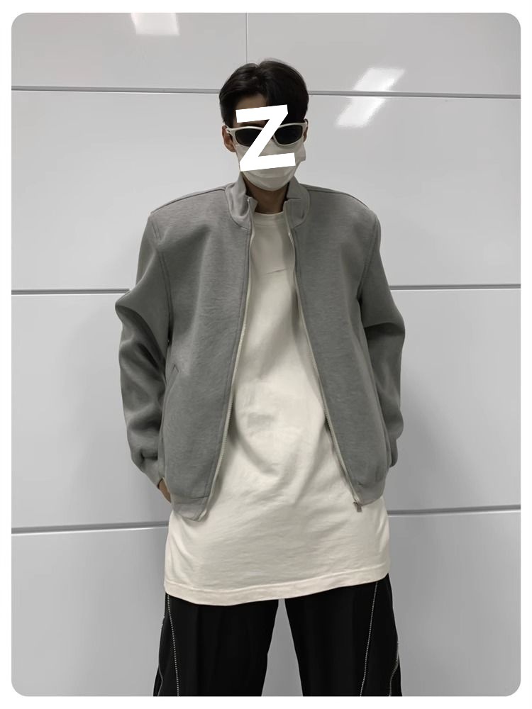 Blazer uomo grigio con collo alla coreana e spalle imbottite_voghion.com