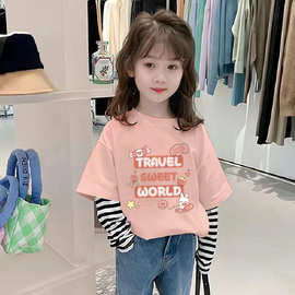 G2118#春秋新款童装中大童女童纯棉长袖圆领假两件T恤休闲上衣潮