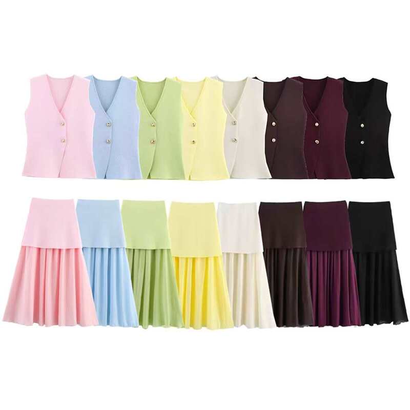 Pleated Wholesale Skirt Suit Knitted Vest New Style Gold Summer European and American Style Splicing Small Buttons Foreign Trade