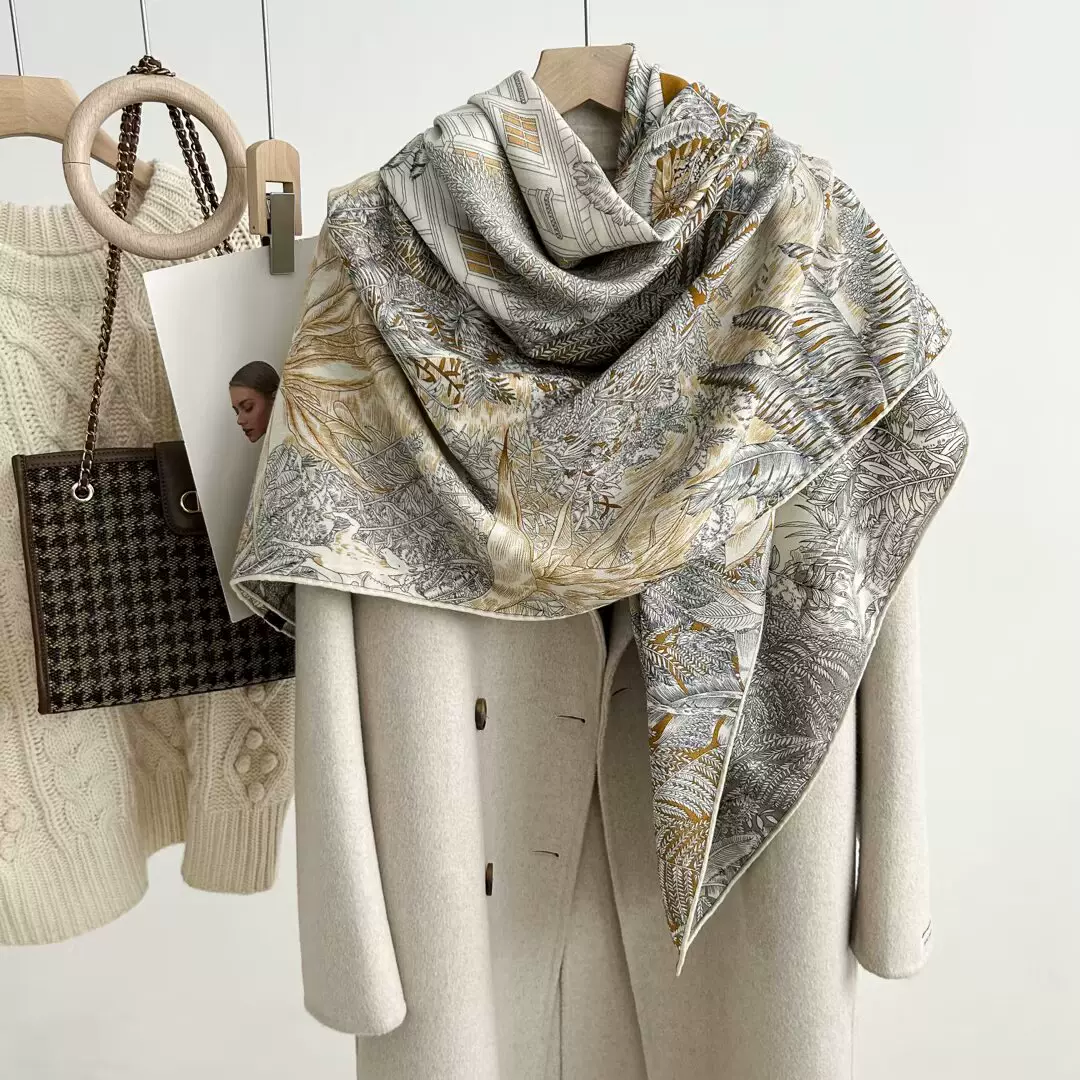 双面异色羊毛真丝围巾夏季轻奢丝毛大方巾丝巾大牌空调房披肩外搭