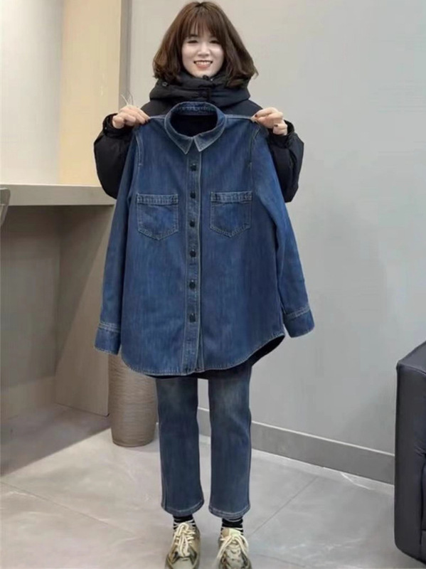 复古水洗牛仔衬衫女秋冬季复古港风轻奢加厚叠穿打底内搭衬衣上衣|undefined