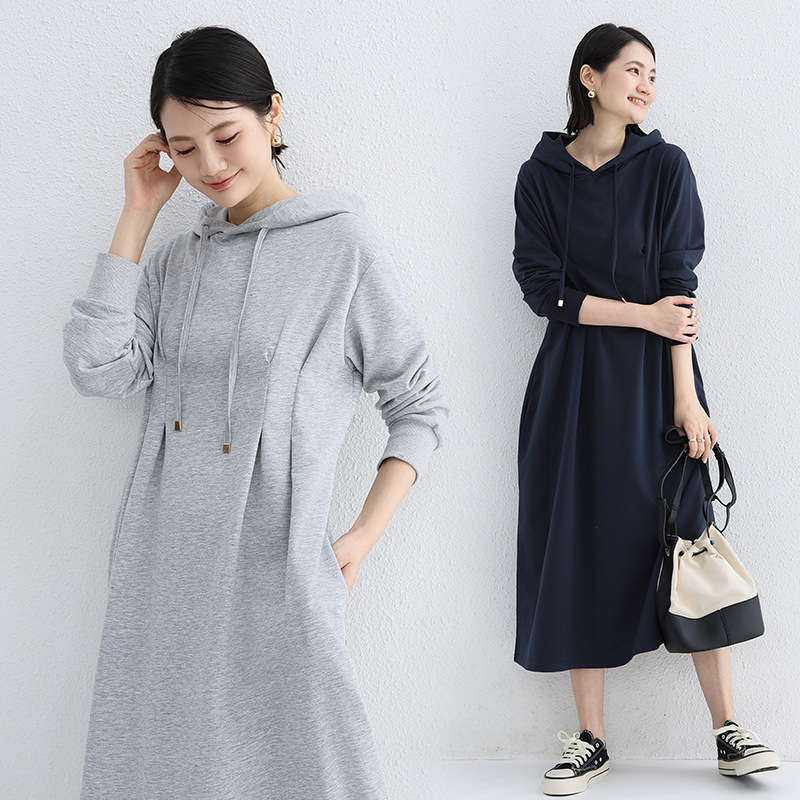 Autumn and Winter long-sleeved hooded sweater skirt tight waist lace-up plus size long skirt commuter simple solid color all-match casual dress
