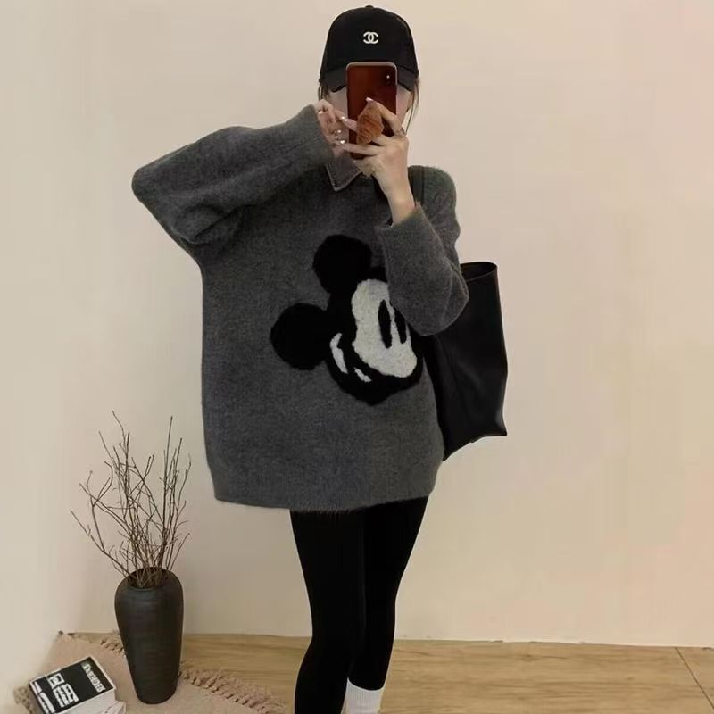 Gray Mickey Round Neck Pullover Loose Sweater Women's 2025 New Autumn and Winter Korean Style Lazy High-End Top Gray Mickey Round Neck Pullover Loose Sweater Women's 2025 New Autumn and Winter Korean Style Lazy High-End Top