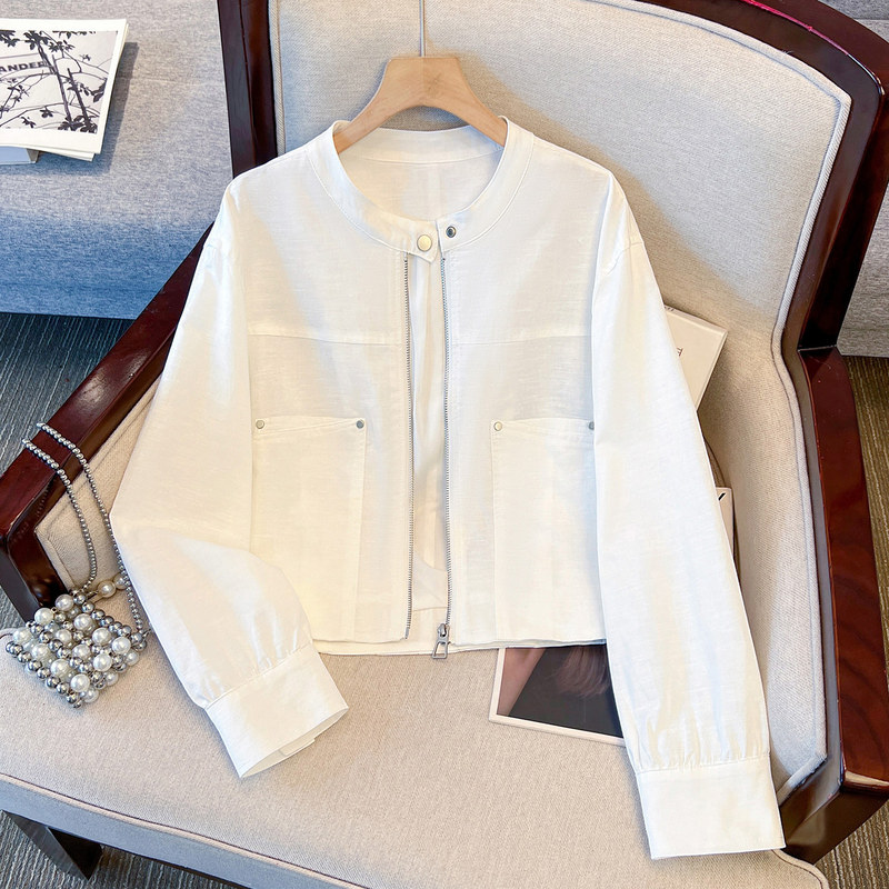 White Linen Baseball Jacket for Women, Light Luxury and High-End Feel, 2026 Early Spring New Short Cotton-Linen Jacket, Lightweight White Linen Baseball Jacket for Women, Light Luxury and High-End Feel, 2026 Early Spring New Short Cotton-Linen Jacket, Lightweight