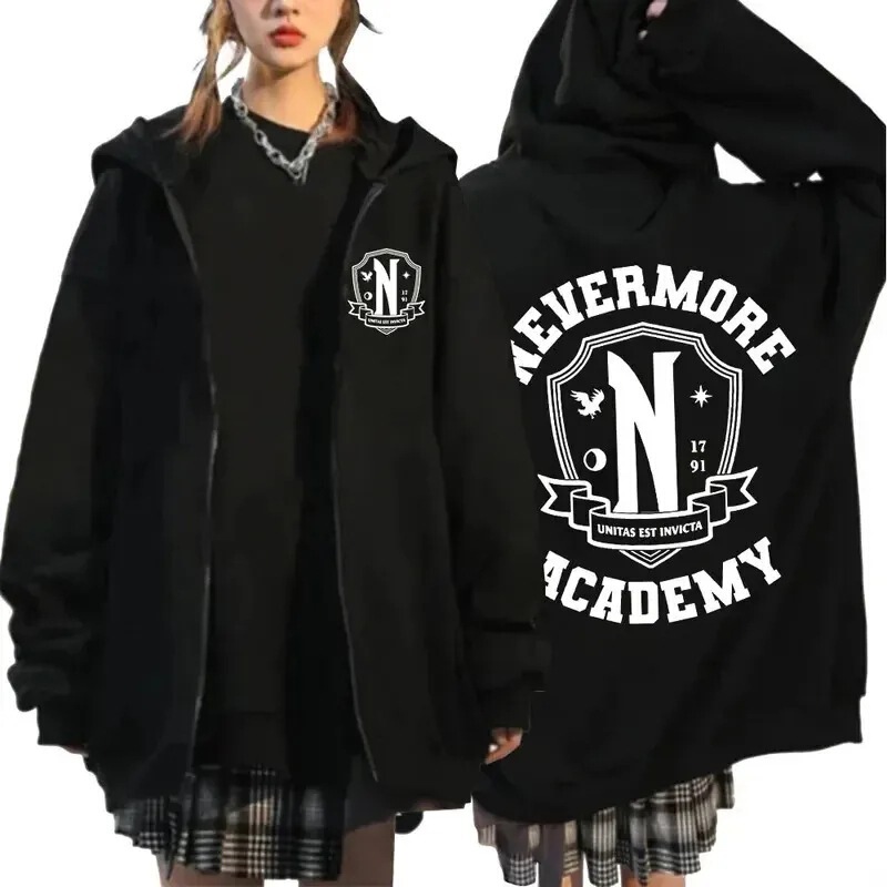 Nevermore Academy Wednesday Addams Zipper Hoodie Casual Fashion Zipper Sweatshirt for Women