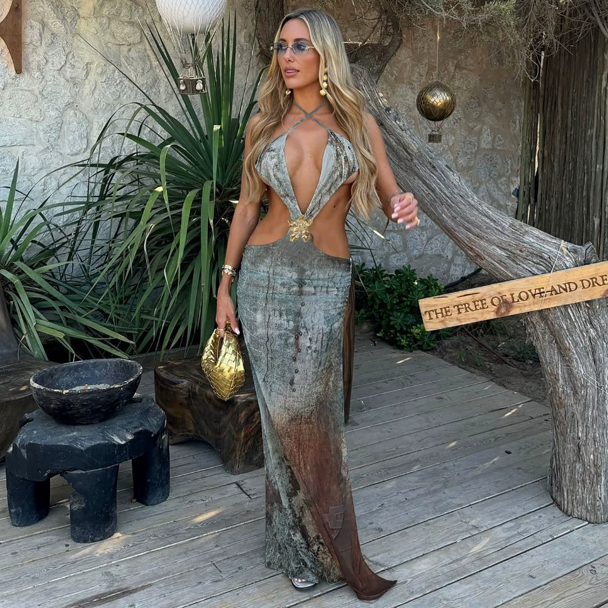 Европейский и американский стиль горячая женская одежда 2025 лето новая сексуальная полая мода с принтом стройное платье с вилкой оптом