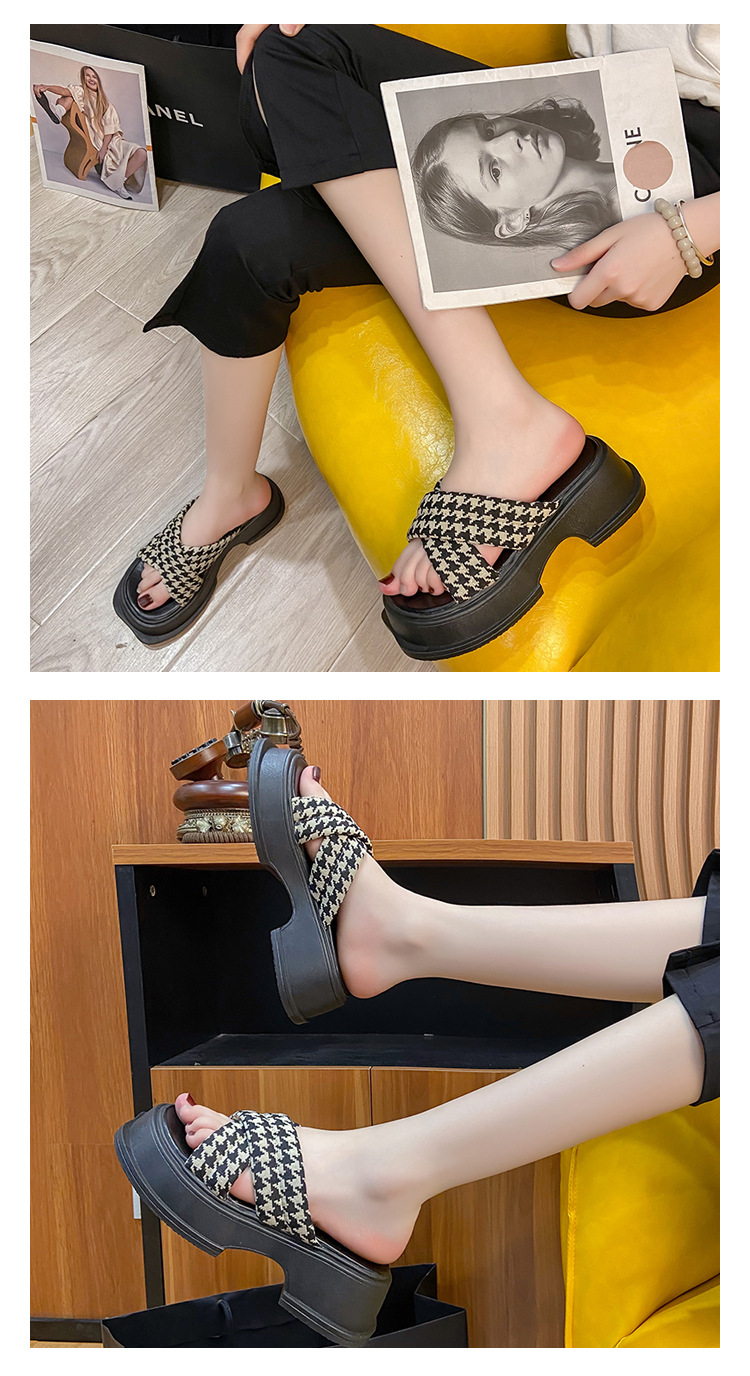 Matsuke Cross Hausschuhe für Damen Sommer Oberbekleidung 2024 Neue Qianniao karierte dicke Sohle Strandschuhe_voghion.com