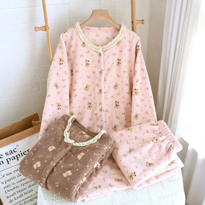 甜美碎花法兰绒睡衣女冬季保暖加绒加厚圆领开衫珊瑚绒家居服套装|undefined