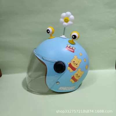 warm battery motorcycle safety helmet – Motosiklet kaskı (dəbilqə) - blue-winnie-the-pooh-transparent-long-mirror-yellow-eyes-small-flowers